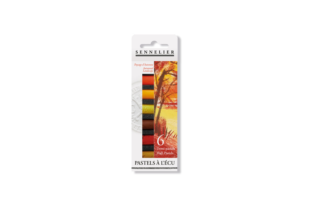 Sennelier Pastels à l’écu Autumnal Landscape  half pastels in a 6-color pack, featuring a vertical card with a landscape illustration and a color strip showing the included shades.