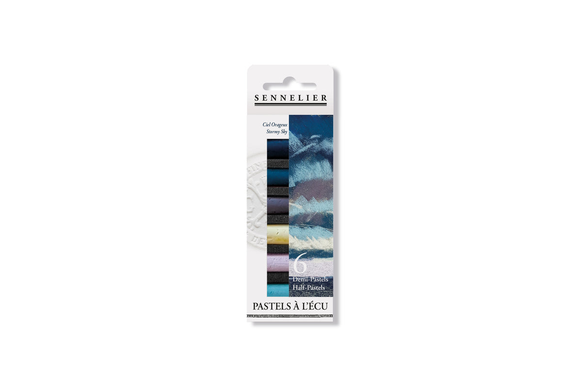 Sennelier Pastels à l’écu  half pastels in a 6-color pack, featuring a vertical card with a Stormy Sky illustration and a color strip showing the included shades.