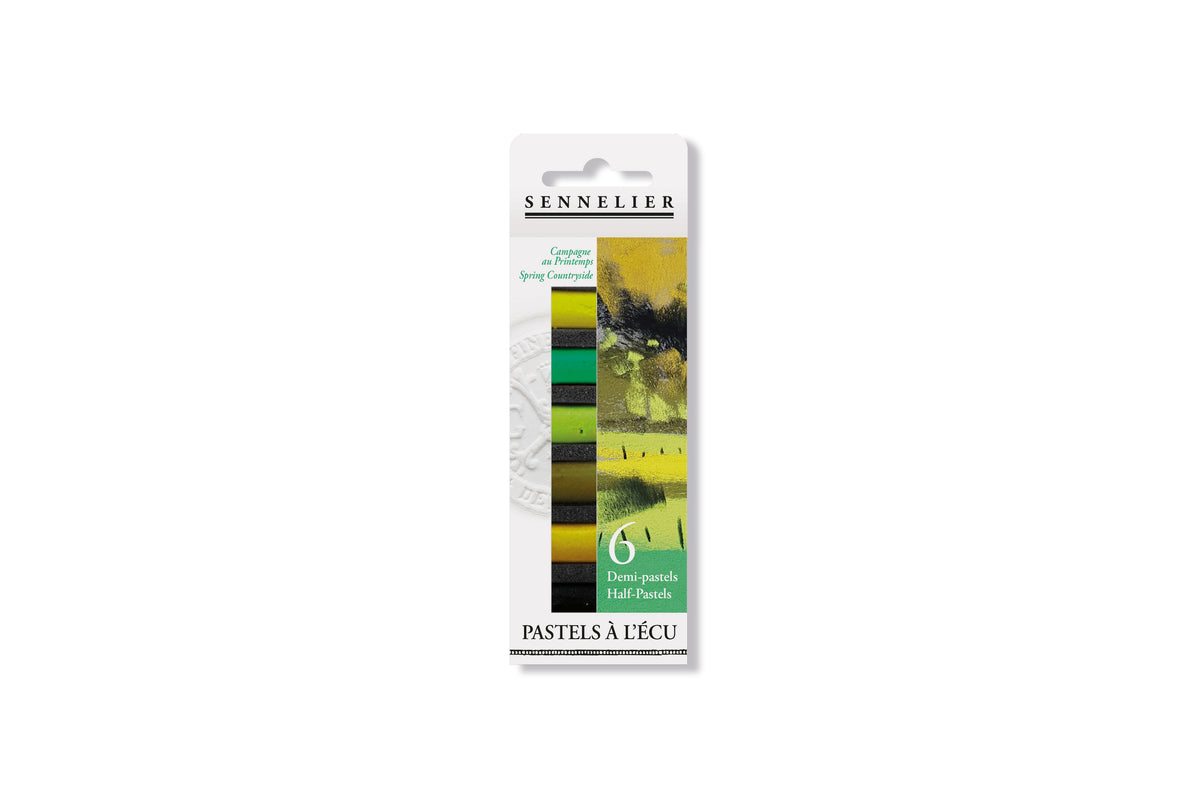 Sennelier Pastels à l’écu half pastels in a 6-color pack, featuring a vertical card with a Spring Countryside illustration and a color strip showing the included shades.