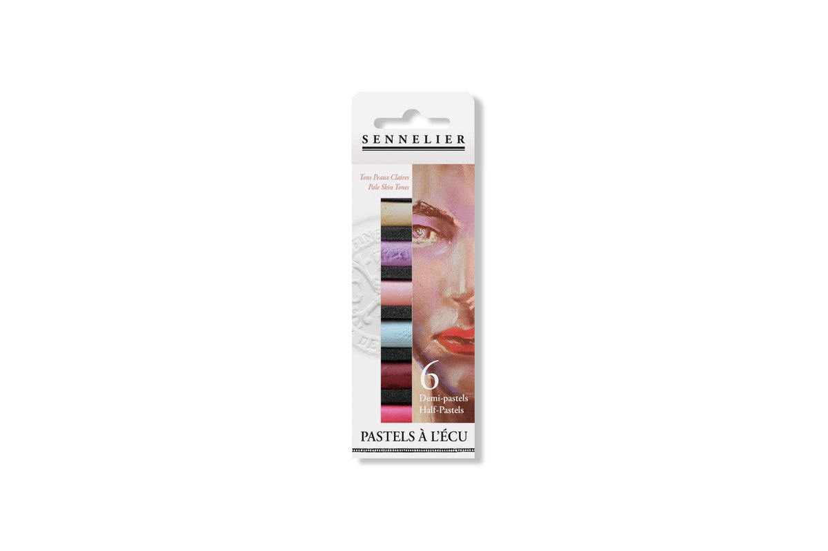 Sennelier Pastels à l’écu half pastels in a 6-color pack, featuring a vertical card with a Pale Skin Tones illustration and a color strip showing the included shades.