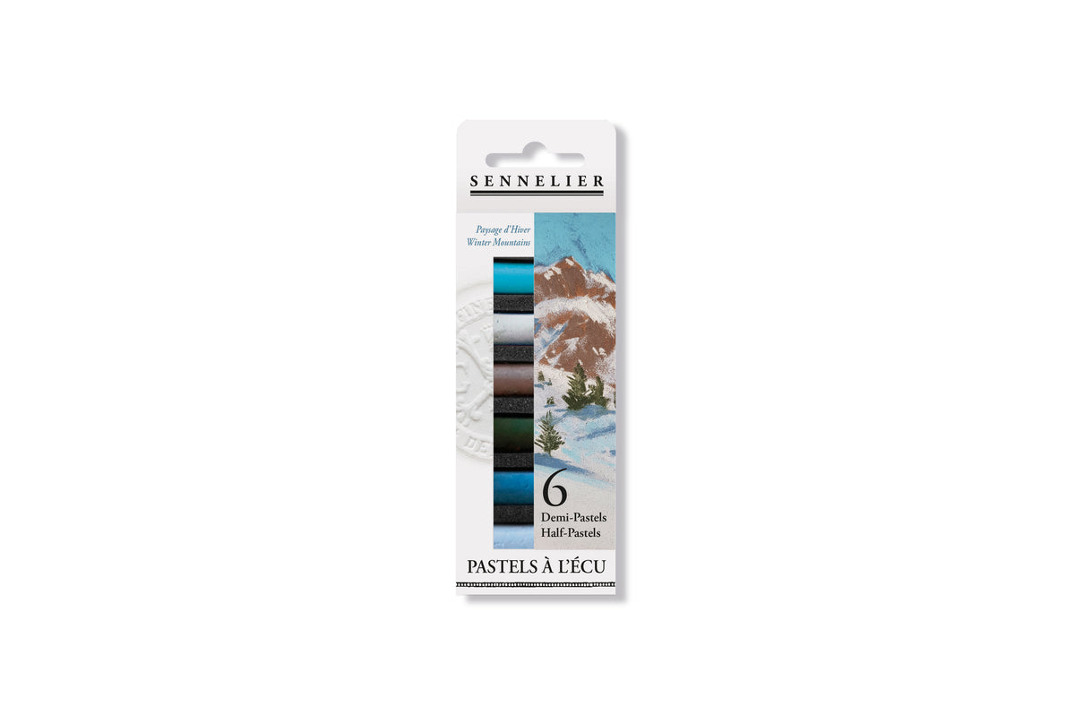 Sennelier Pastels à l’écu half pastels in a 6-color pack, featuring a vertical card with a Winter Mountain illustration and a color strip showing the included shades.