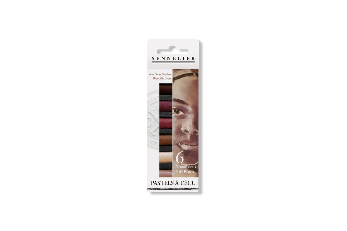 Sennelier Pastels à l’écu half pastels in a 6-color pack, featuring a vertical card with a Dark Skin Tones illustration and a color strip showing the included shades.
