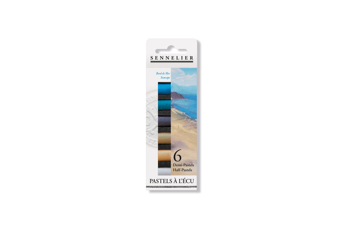 Sennelier Pastels à l’écu half pastels in a 6-color pack, featuring a vertical card with a Seascape illustration and a color strip showing the included shades.
