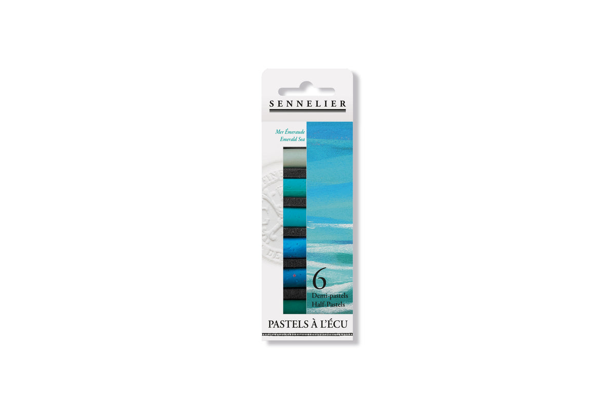 Sennelier Pastels à l’écu half pastels in a 6-color pack, featuring a vertical card with aillustratin Emerald Sea range on and a color strip showing the included shades.